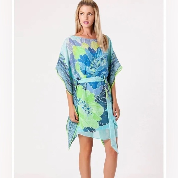 Hale Bob Rozlynn Chiffon Dress Overlay Jersey Slip Caftan Size Small Turquoise - Picture 1 of 14